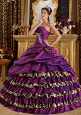 Purple Ball Gown One Shoulder Floor-length Taffeta and Leopard Appliques Quinceanera Dress