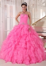 Pink Ball Gown Strapless Floor-length Organza Beading Quinceanera Dress