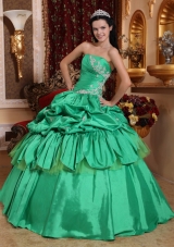 Green Ball Gown Strapless Floor-length Taffeta Appliques Quinceanera Dress