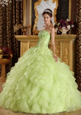 Yellow Green Ball Gown Strapless Floor-length Satin and Organza Embroidery with Beading Quinceanera Dress