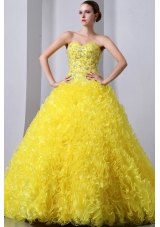 Yellow A-Line / Princess Sweetheart Brush Train  Organza Beading and Ruffles Quinceanea Dress