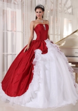 White and Red Ball Gown Sweetheart Floor-length Organza and Taffeta Beading Quinceanera Dress