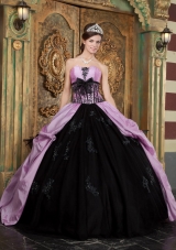 Purple and Black Ball Gown Strapless Floor-length Taffeta Appliques Quinceanera Dress