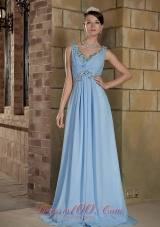 Best Light Blue Column Straps Brush Train Chiffon Beading Prom Dress