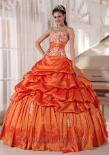 Inexpensive Orange Quinceanera Dress Sweetheart Taffeta Appliques and Ruch Ball Gown