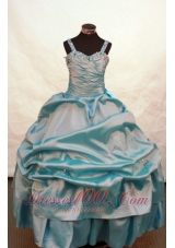 Blue Beaded and Ruch Decorate On Taffeta Flower Girl Pageant Dress With Straps Neckline Zipper-up  Pageant Dresses