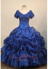 Luxurious Blue V-neck Short Sleeves Beaded Decorate Organza Flower Girl Pageant Dress  Pageant Dresses