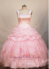Baby Pink Flower Girl Pageant Dress With Straps Neckline Beaded Decorate Organza  Pageant Dresses