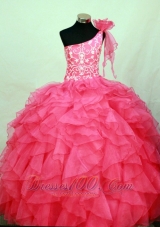 Perfect Hot Pink One Shoulder Neckline Flower Girl Pageant Dress With Embroidery and Flower Decorate Organza  Pageant Dresses
