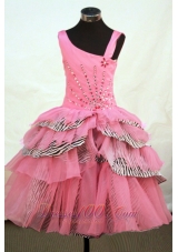 Beautiful Asymmetrical Neckline Rose Pink Organza Flower Girl Pageant Dress With Beaded Decorate  Pageant Dresses