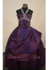 Dark Purple Beaded Decorate Princess Halter Neckline Flower Girl Pageant Dress  Pageant Dresses