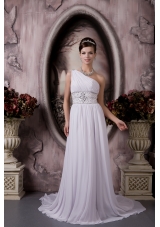 Customize Empire One Shoulder Court Train Chiffon Beading Wedding Dress