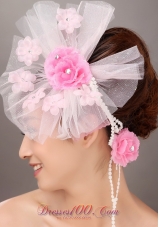 Fashionable Light Pink Tulle Hand Made Flowers Beading Fascinators For Party