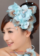 Popular Light Blue Taffeta Tulle Feather Beading Women’ s Fascinators