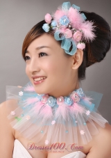 Pink Feather and Blue Net Flower Beading For Party