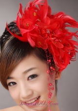 Red Custom Made Headpieces With Beaded Decorate Feather