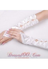 Unique Satin Fingerless Elbow Length Bridal Gloves With Butterfly-Shaped Flowers