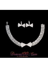 Lovely Bowknot Shaped Rhinestone Bridal Jewelry Set Necklace With Earrings