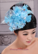 Classical Sky Blue Headpieces With Rhinestones and Feather Decorate On Tulle For Party