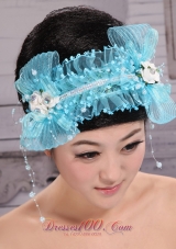Aqua Blue Tulle Headpieces With Rhinestones and Imitation Pearls Decorate