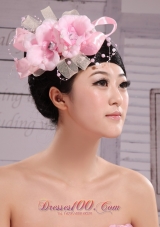 Wedding Party Pink Big Flower Pearls Chiffon and Tulle Headdress Bride