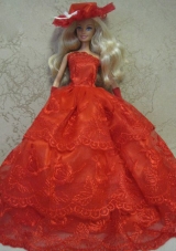 Red Handmade Pretty Dress With Embroidery Made to Fit the Barbie Doll