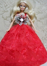 Red Embroidery Dress Handmade Gown for Barbie Doll