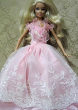 Amazing Pink Handmade Party Colothes Dress With Embroidery For Barbie Doll