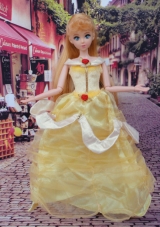 Cute Yellow Scoop Hand Made Flowers Barbie Doll Dress