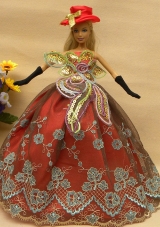 Pretty Appliques Rust Red Strapless Party Clothes Fashion Dress for Noble Barbie
