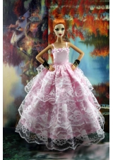 Luxurious Pink Gown With Ruffled Layers Lace For Barbie Doll