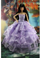 Gorgeous Lilac Gown With Ruffled Layers Lace For Barbie Doll