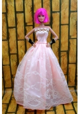 Baby Pink Gown For Barbie Doll With Lace and A-line