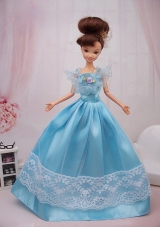 Aqua Blue Hand Made Flower Princess Barbie Doll Dress
