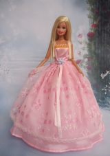Hand Made Flower Lace Pink Ball Gown Barbie Doll Dress