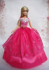 Lovely Hot Pink Ball Gown Taffeta and Organza Barbie Doll Dress