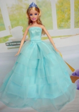 Beautiful Aqua Blue Party Clothes for Noble Barbie Doll Tulle