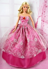 Beautiful Red Party Tulle Clothes Fashion Dress Hot Pink for Noble Barbie Doll