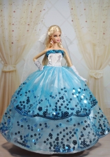 Popular Ball Gown Party Clothes White and Blue Barbie Doll Dress