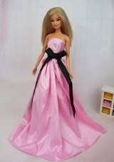 Luxurious Rose Pink Sash With Party Dress For Barbie Doll