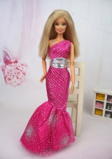 Luxurious Mermaid Asymmetrical Hot Pink Beaded Over Skirt Party Clothes Fashion Dress For Noble Barbie