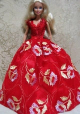 Embroidery Red Ball Gown Barbie Doll Dress