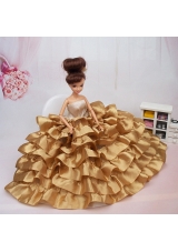 Luxurious Ball Gown Asymmetrical Gold Ruffled Layeres Clothes Party Fashion Dress For Noble Barbie