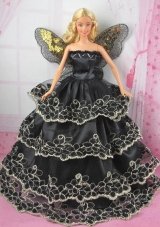 Luxurious Black Strapless Lace Ruffled Layeres Party Clothes Fashion Dress for Noble Barbie