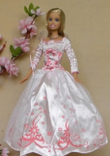 New Beautiful White Long Sleeves Handmade Wedding Party Clothes Fashion Dress for Noble Barbie