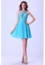 V-neck Beaded Aqua Blue Prom Dress With Mini-length For Club