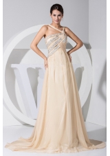 Asymmetrical Beading Decorate Bodice Champagne Chiffon Brush Train Prom Dress For 2013