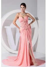 High Slit Pink Chiffon Sweetheart Beading and Ruch Brush Train 2013 Prom Dress