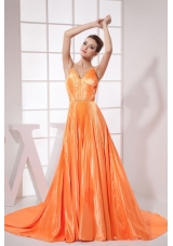 Orange Red Beading Pleat Elastic Woven Satin Brush Train 2013 Prom Dress