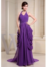 Purple Prom Dress With Halter Ruch and Appliques